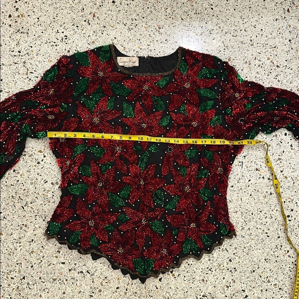 Laurence Kazar Paris New York red green poinsettia sequin blouse top medium m - Picture 4 of 6